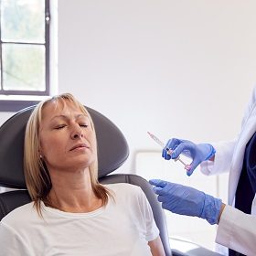 Mature Woman Sitting In Chair Being Give Botox Injection By Female Doctor